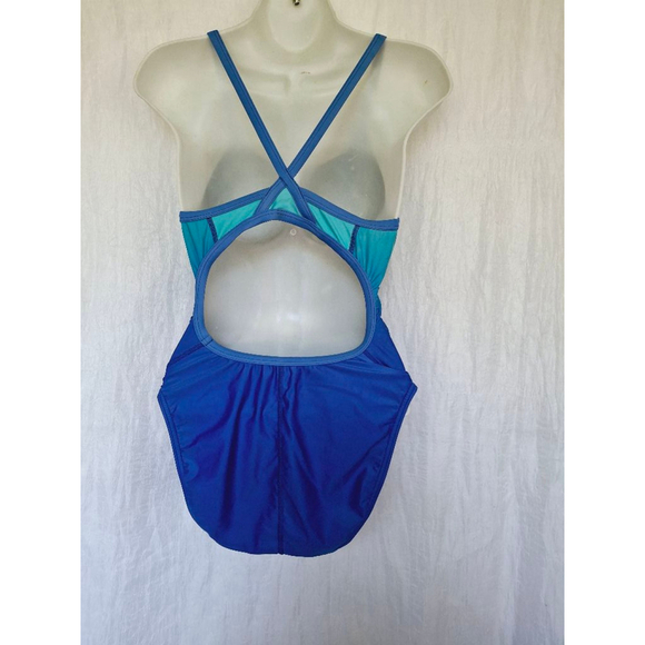 Women's Speedo one piece Swimsuit Blue Green 12/38 open back beach gear - Picture 2 of 4